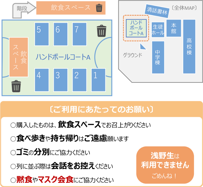 ハンドボールコートＡは生徒ホールをでてすぐの所にあります。購入したものは、飲食スペースでお召上がりください。食べ歩きや持ち帰りはご遠慮願います。ゴミの分別にご協力ください。列に並ぶ際は会話をお控えください。黙食やマスク会食にご協力ください。浅野生は利用できません。